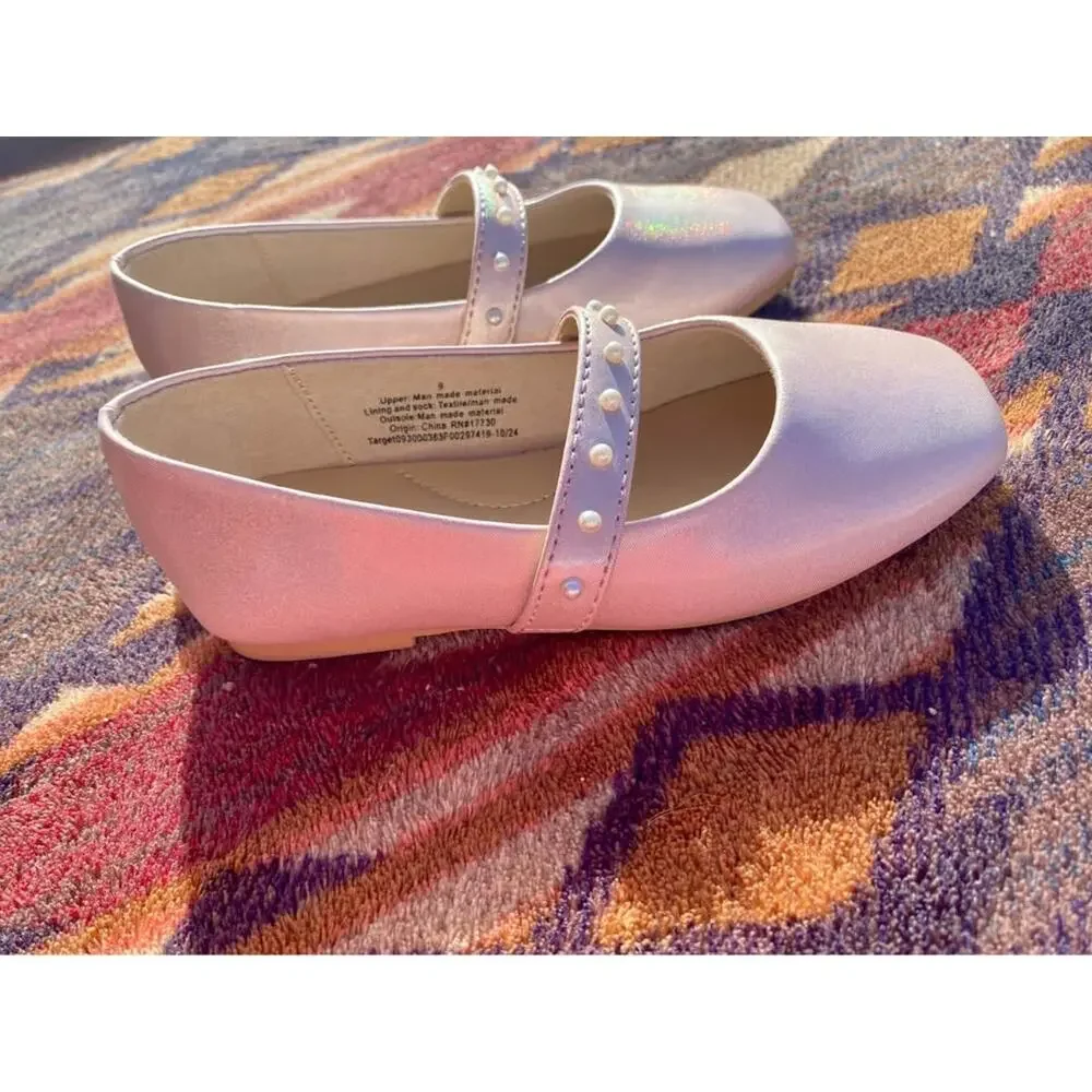 Cat & Jack Girls Pink Pearl Strap Ballet Flats Size 9 New